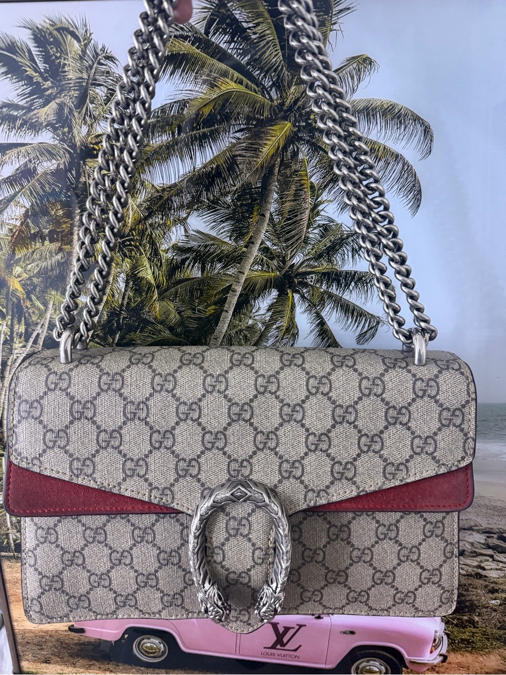 Gucci Dionysus GG Supreme Small Shoulder Bag in Beige and Red